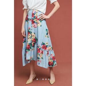 Anthropologie Maeve Floral Stripe Button Front Midi Skirt Blue Size 8 NWT